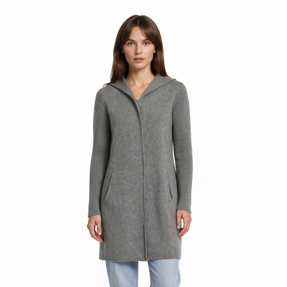 Adrienne Vittadini 100% Cashmere Cardigan Sweater Women's Size Medium Grey Hood